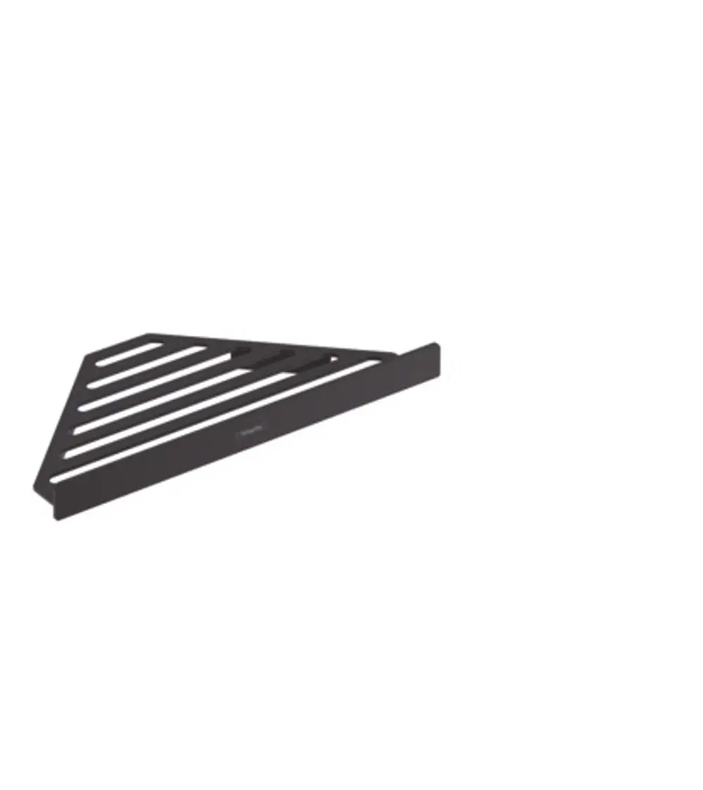 Schwarzer Seifenkorb mit schmalen Rillen und einer abgeschrägten Form. Produkt von Hansgrohe, geeignet zur Wandmontage in Badezimmern oder Küchen.